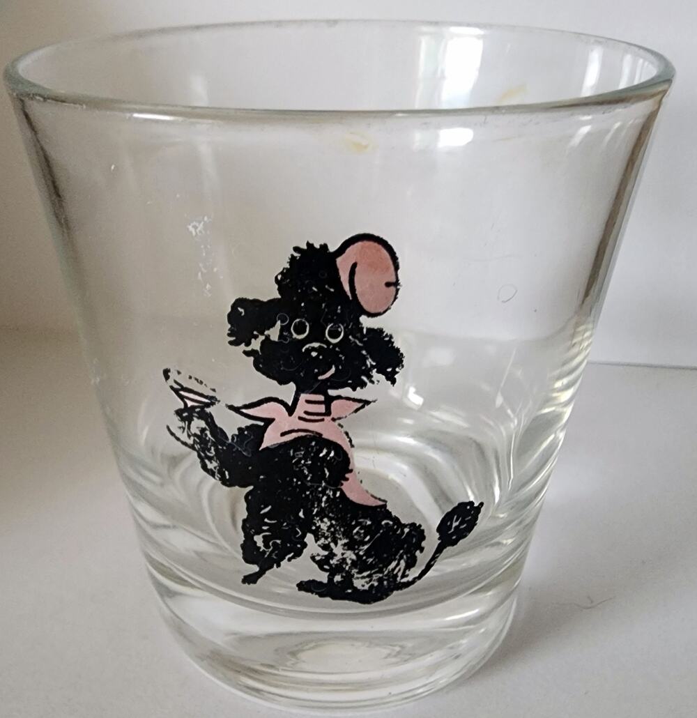 MCM Hazel-Atlas "Atomic Black Poodle In Pink Hat & Scarf" Cocktail Juice Glass